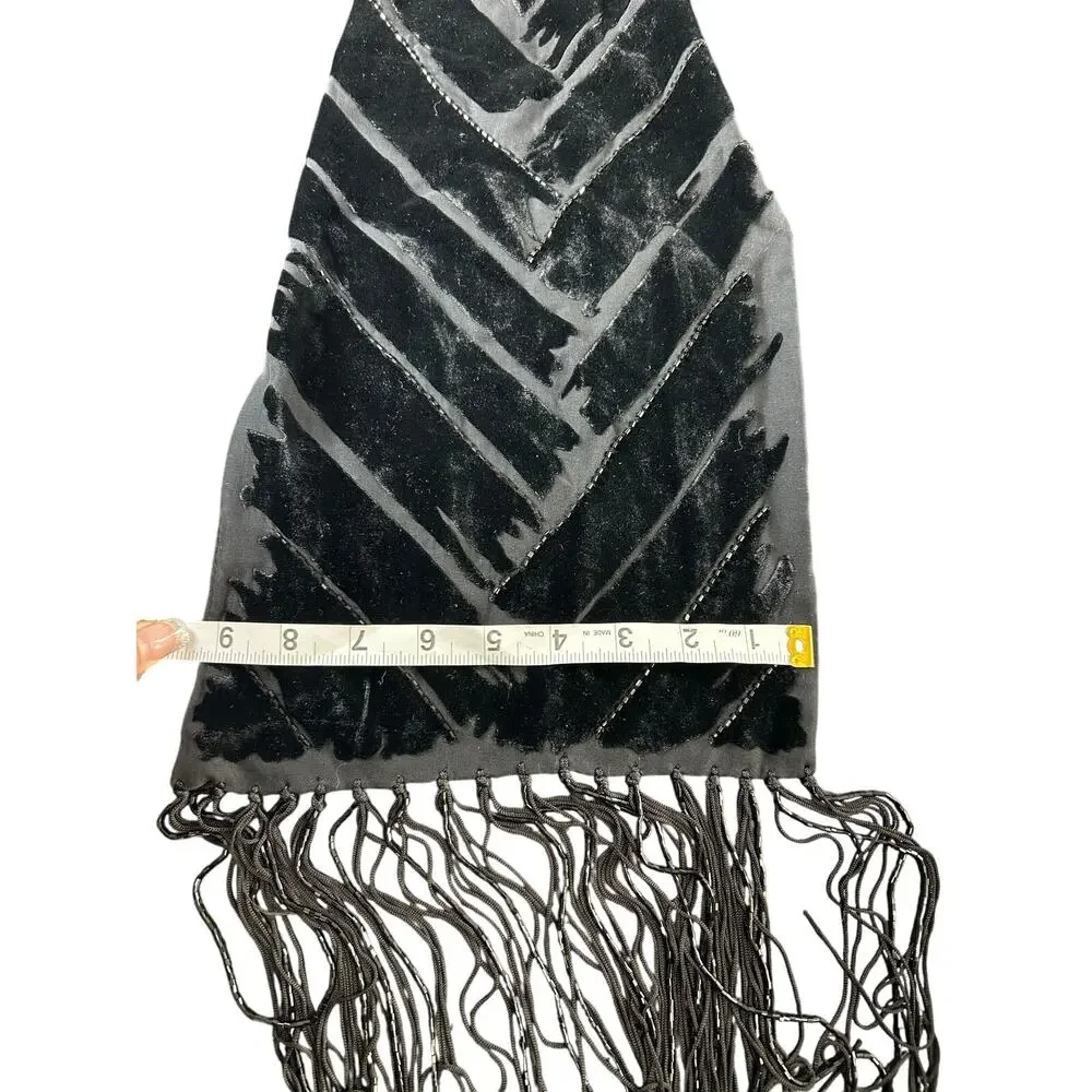 Vtg Shawl -58x 9.5”Crushed Burnout- Black beaded tassel fringe whimsigoth